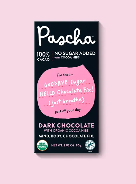 Pascha 100% Cacao Organic Vegan Dark Chocolate Bar with Cocoa Nibs