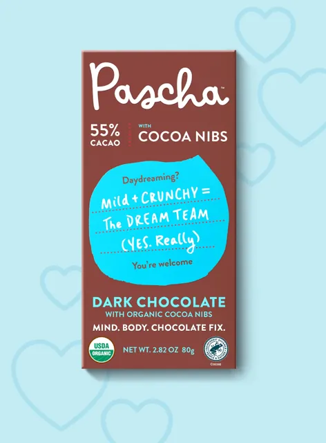 Pascha 55% Cacao Organic Vegan Dark Chocolate Bar with Cocoa Nibs